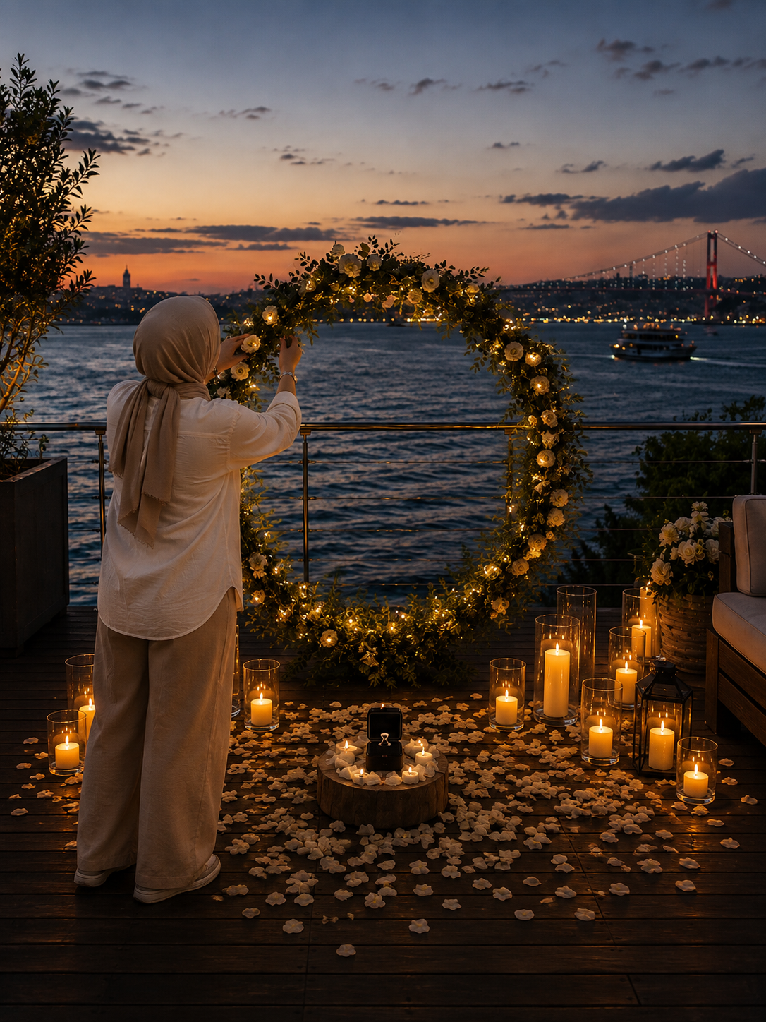 İstanbul Boğazı manzarasında çiçekler, mumlar ve ışıklarla hazırlanan romantik evlilik teklifi organizasyonu.