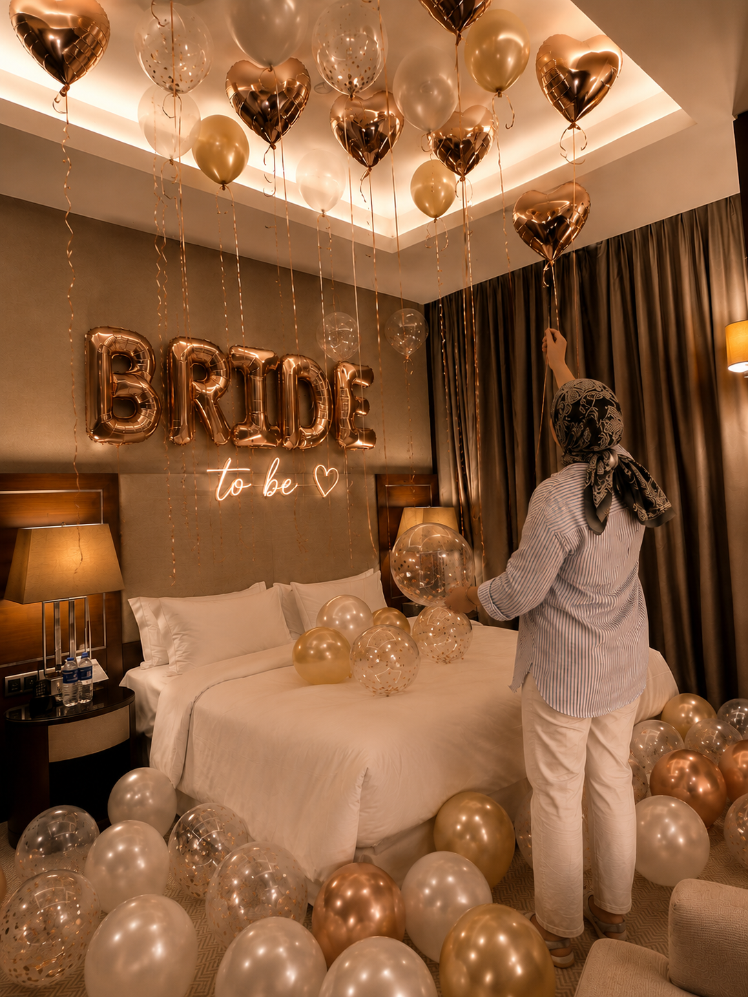 Bride to be organizasyonu için otel odasında balon süsleme hazırlığı