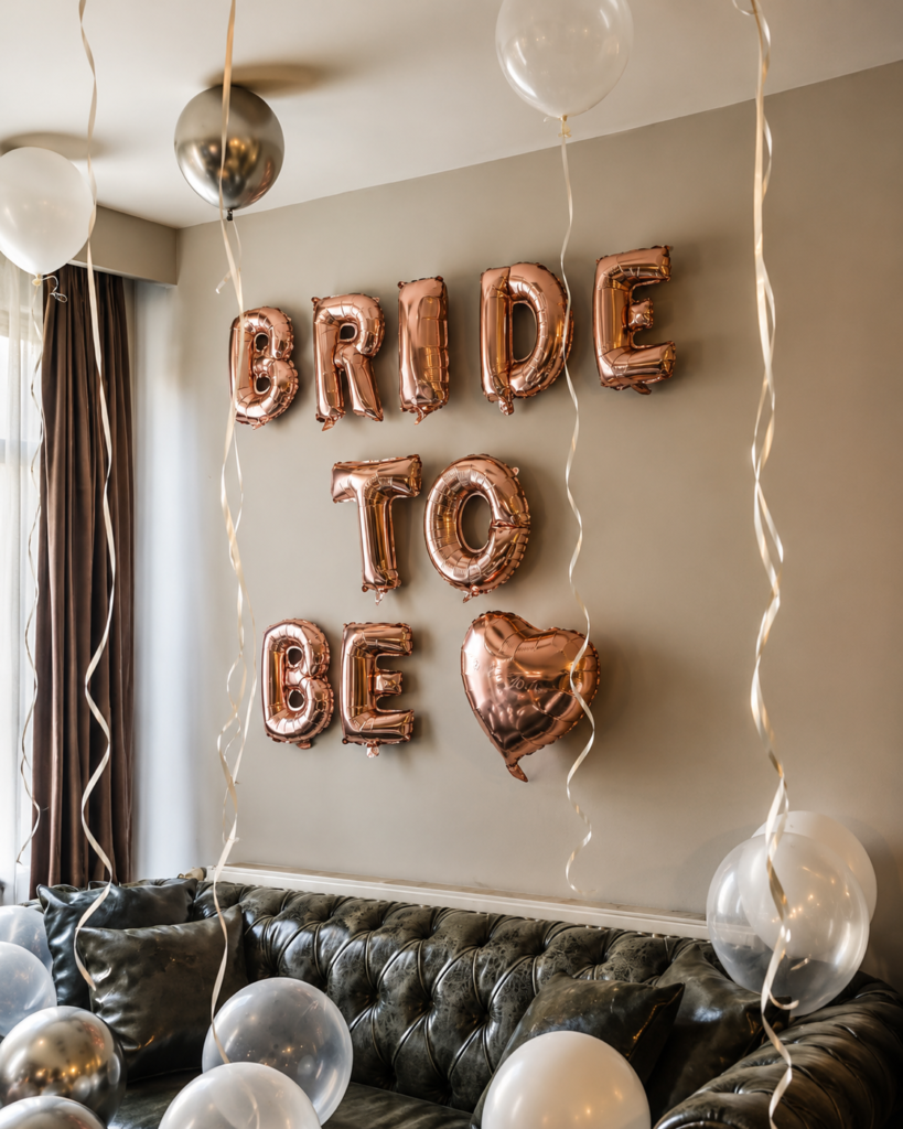 Bride to Be organizasyonu için rose gold balon süsleme ve kutlama alanı dekorasyonu