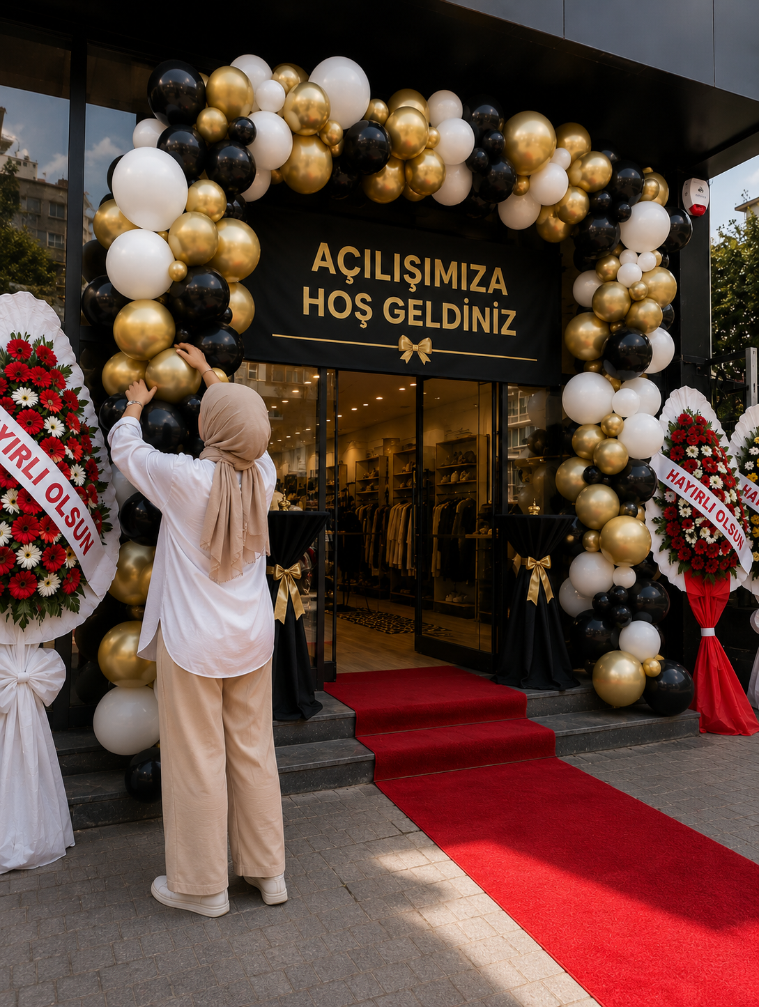 Organizasyon ekibi, mağaza açılışı için hazırlanan siyah, beyaz ve altın balon dekorasyonunu düzenliyor.