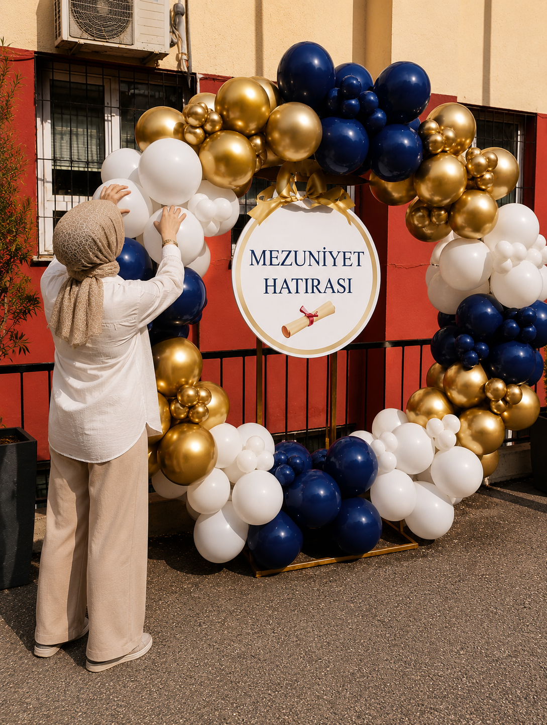 Organizasyon ekibi, mezuniyet kutlaması için hazırlanan lacivert, beyaz ve altın renkli balon dekorasyonunu düzenliyor.
