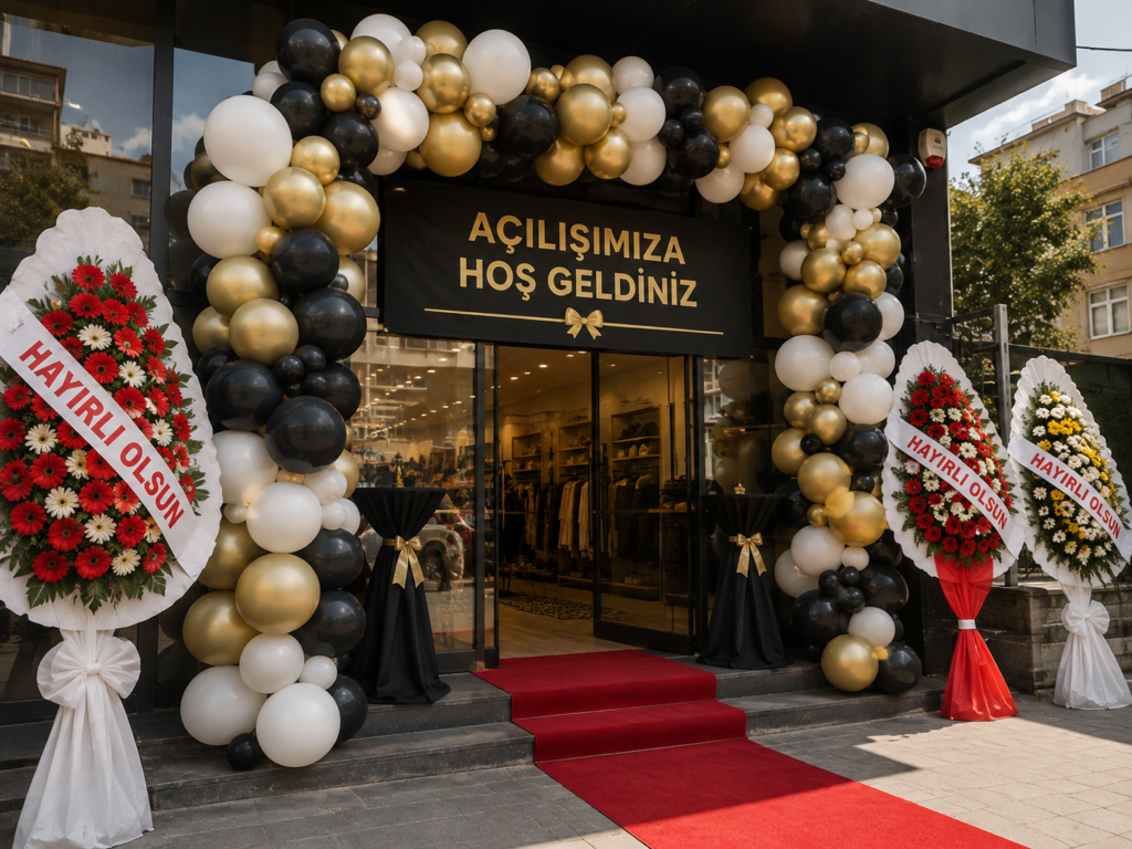 Açılış organizasyonu, mağaza açılışı, işletme açılış organizasyonu, balon kemeri, kurdele kesimi, kurumsal etkinlik ve profesyonel açılış dekorasyonu.