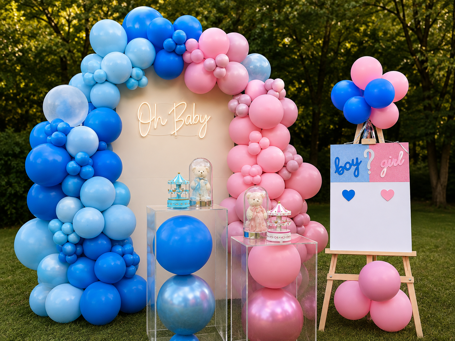 Baby Shower ve cinsiyet partisi konsepti, mavi ve pembe balon dekorasyonu, Oh Baby temalı arka fon, özel tasarım kutlama alanı ve bebek organizasyonu.