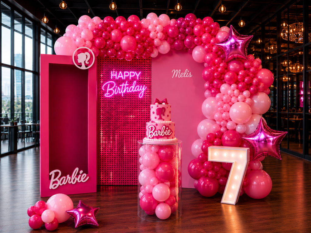 Barbie temalı çocuk doğum günü konsepti, pembe balon dekorasyonu, özel tasarım arka fon, konsept pasta alanı ve kişiye özel çocuk organizasyonu.