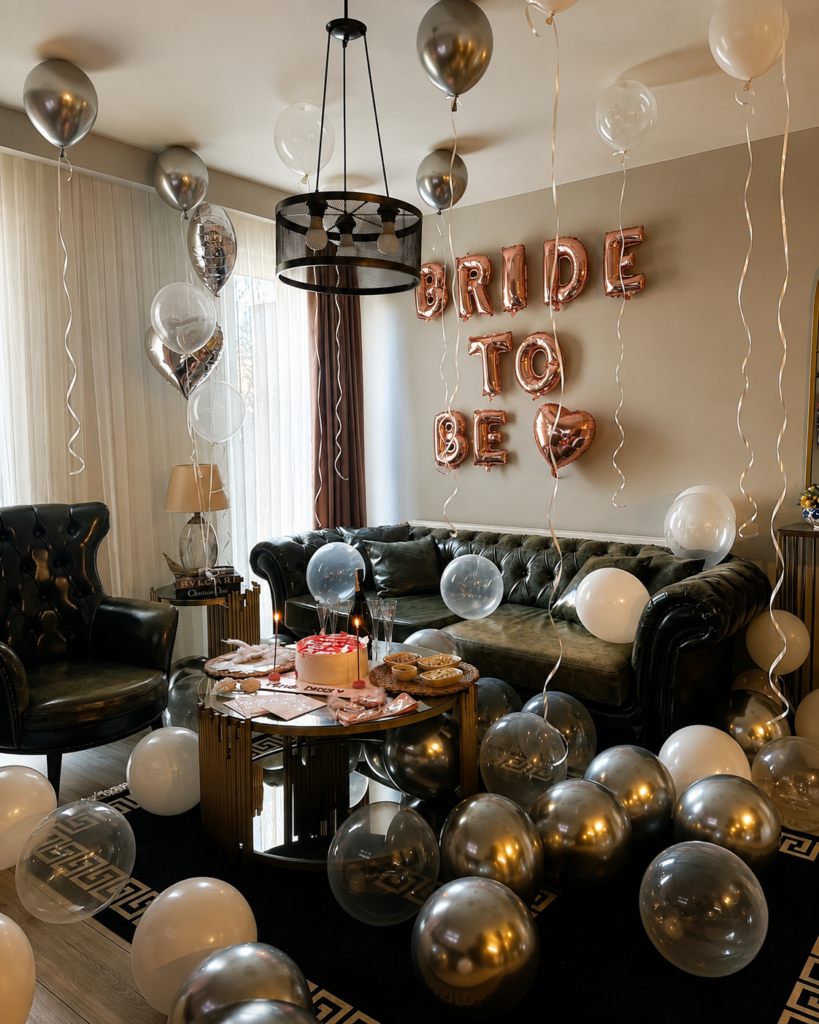 Bride to Be organizasyonu için balon süsleme ve kutlama alanı dekorasyonu