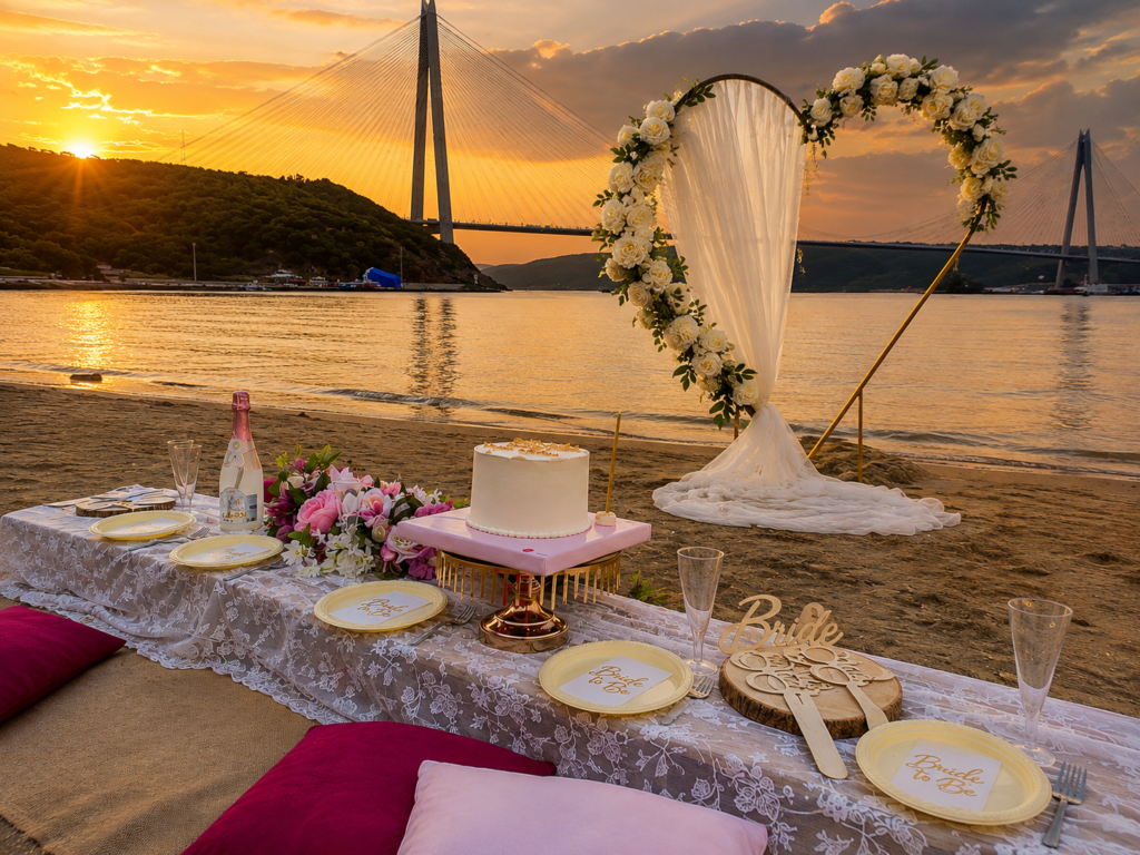 İstanbul Boğazı manzarasında sahilde hazırlanan Bride to Be organizasyonu, romantik masa düzeni ve çiçekli dekor konsepti