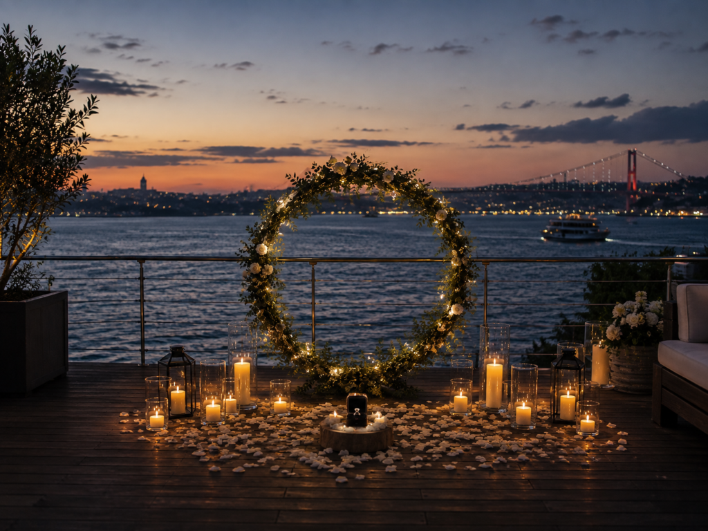 Evlilik teklifi organizasyonu, romantik evlilik teklifi, Boğaz manzaralı evlenme teklifi, mumlu konsept, çiçekli dekorasyon ve profesyonel organizasyon hizmeti.