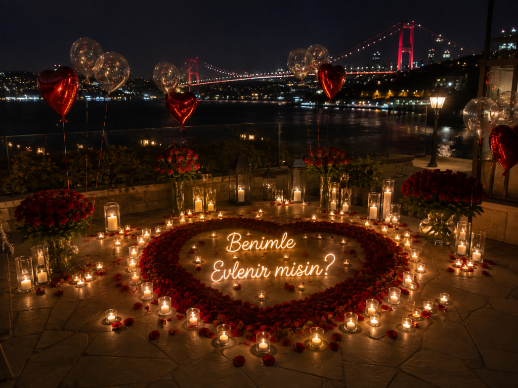 İstanbul'da hazırlanan romantik evlilik teklifi ve yıldönümü organizasyonu, mumlar, güller ve özel konsept dekorasyonu.
