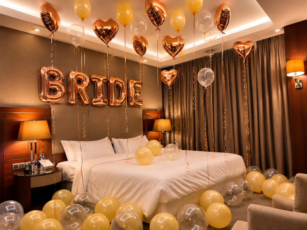 İstanbul'da otel odasında hazırlanan bride sürpriz organizasyonu, romantik oda süslemesi ve evlilik öncesi konsept dekorasyonu.