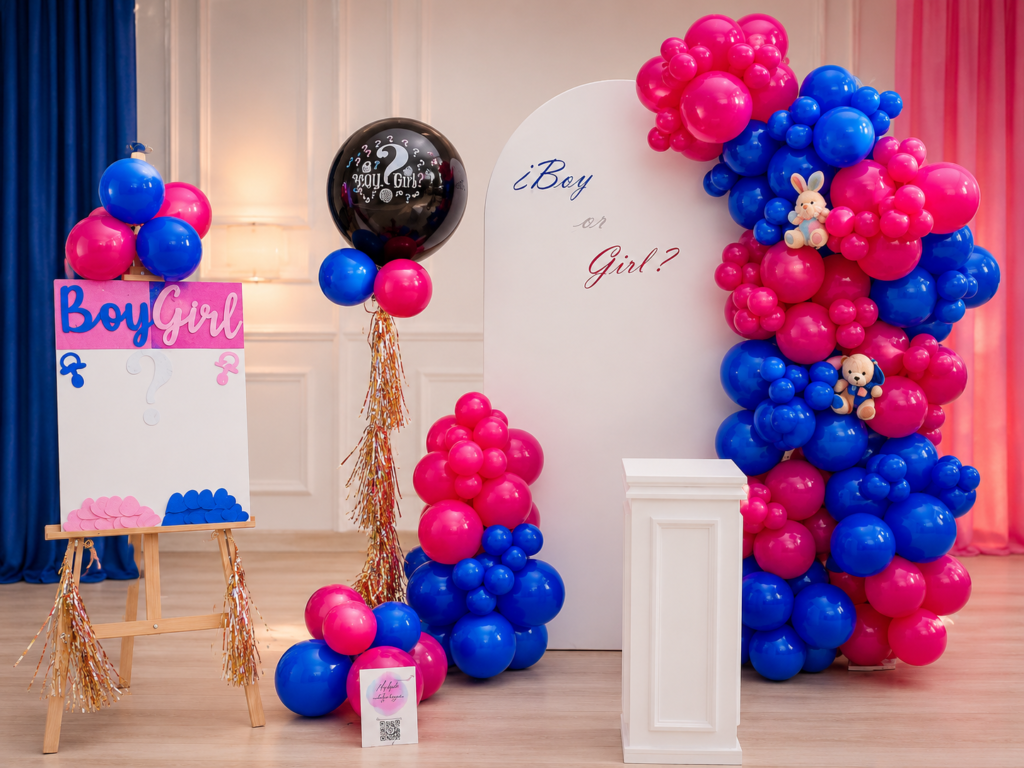 İstanbul'da gerçekleştirilen modern gender reveal organizasyonu, pembe ve mavi balon dekorasyonu ile hazırlanan cinsiyet partisi konsepti.