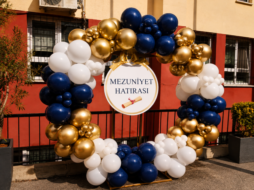 Mezuniyet organizasyonu, mezuniyet töreni dekorasyonu, mezuniyet fotoğraf çekim alanı, balon kemeri, okul mezuniyet kutlaması ve profesyonel organizasyon hizmeti.