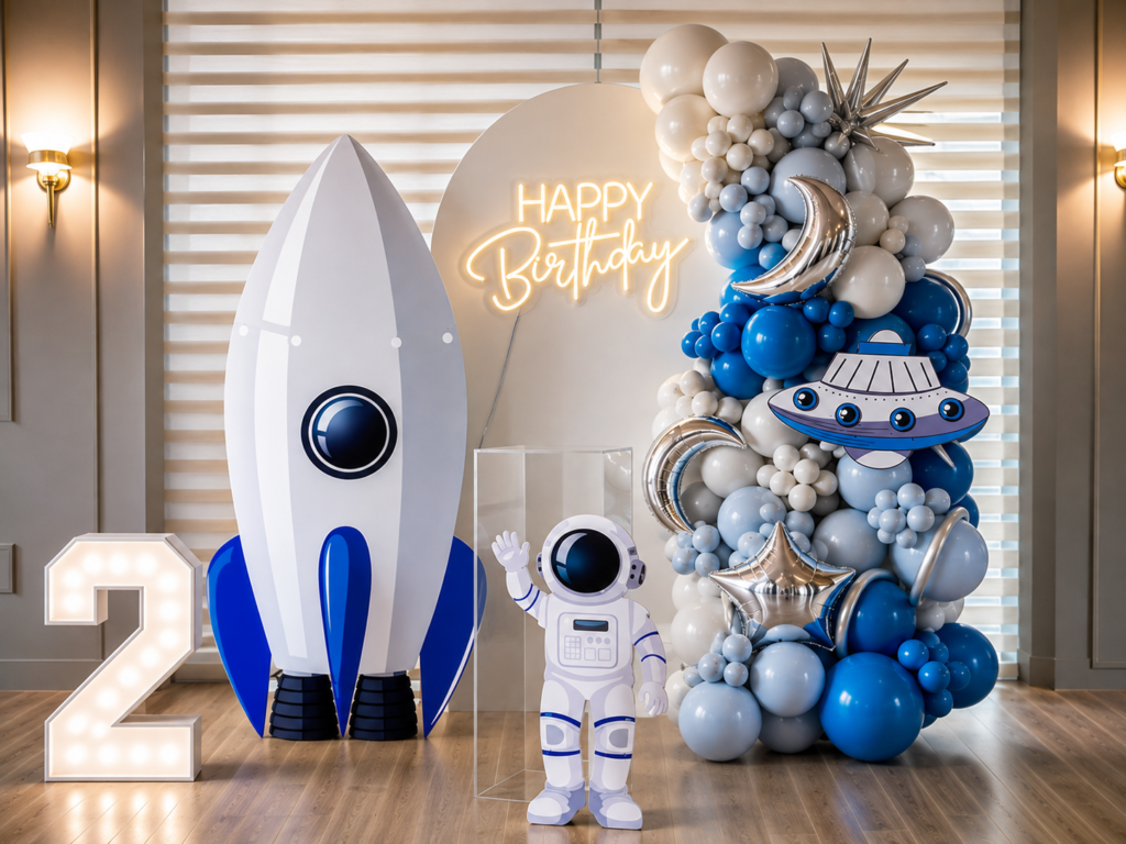Space temalı çocuk doğum günü organizasyonu, roket ve astronot konseptiyle hazırlanmış modern doğum günü dekorasyonu.